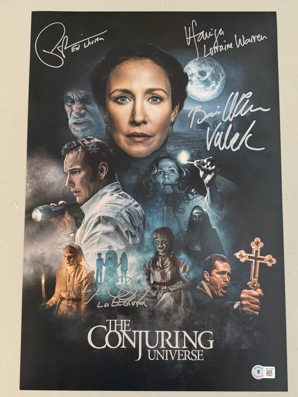 Conjuring Universe 12x18 cast signed by4(A2) w/ALL character names: Vera Farmiga, Patrick Wilson, Marisol Ramirez and Bonnie Aarons