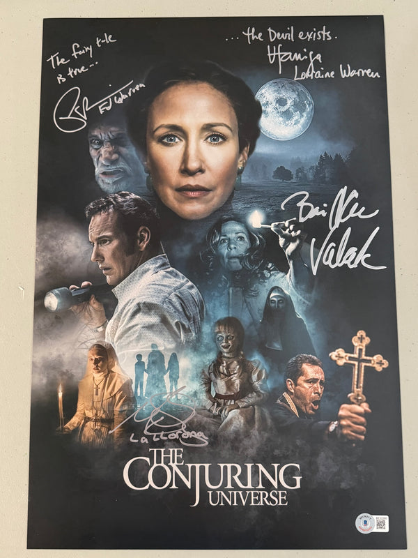 Conjuring Universe 12x18 cast signed by4(A3) 2x quotes & w/ALL character names: Vera Farmiga, Patrick Wilson, Marisol Ramirez and Bonnie Aarons
