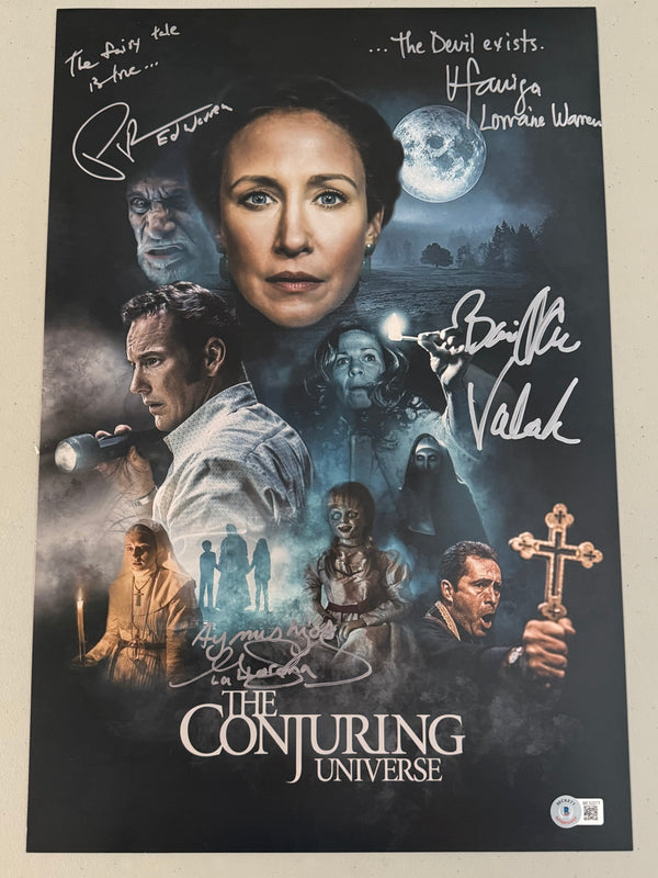 Conjuring Universe 12x18 cast signed by4(A1) w/ALL character names: Vera Farmiga, Patrick Wilson, Marisol Ramirez and Bonnie Aarons