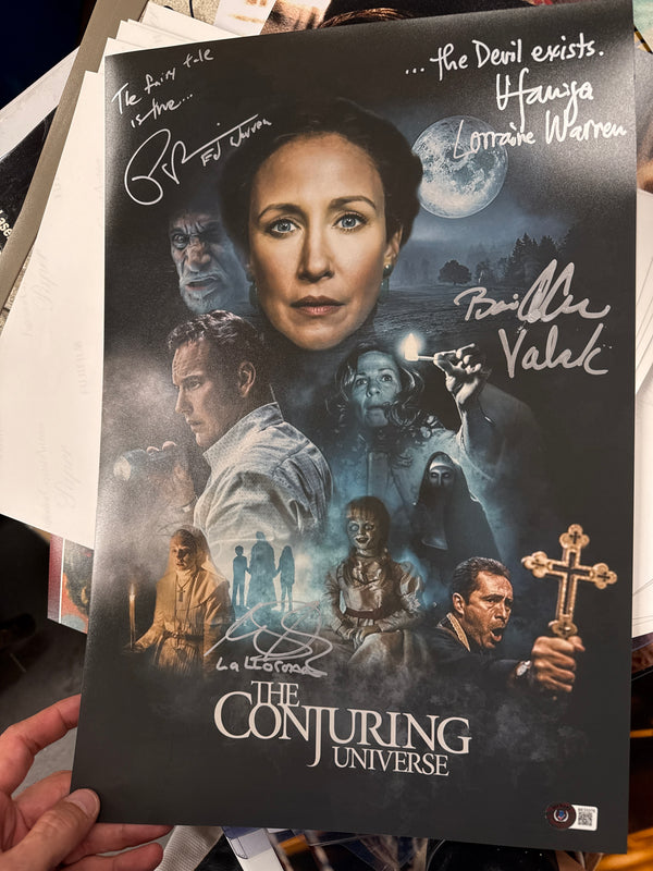 Conjuring Universe 12x18 cast signed by4(A3-2) 2x quotes & w/ALL character names: Vera Farmiga, Patrick Wilson, Marisol Ramirez and Bonnie Aarons