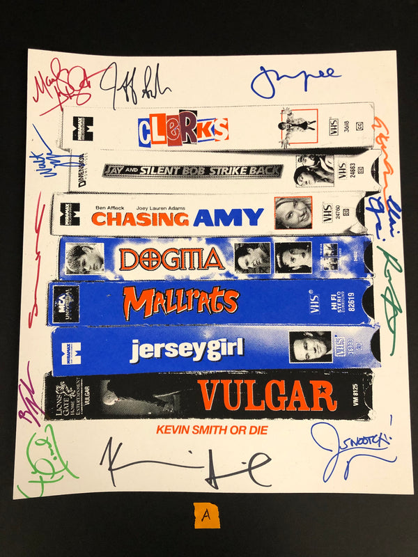 LEELOO EXCLUSIVE 'Kevin Smith Or Die' VHS stack screen print 12x14 (A) signed by 15:  Marilyn Ghigliotti, Jeff Anderson, Jason Lee, Walt Fanagan, Shannen Doherty, Bryan Johnson (see description for full list) CHRONIC CON 2024 PRE ORDER