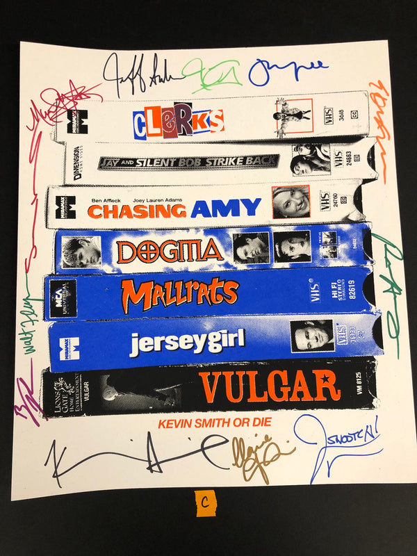 LEELOO EXCLUSIVE 'Kevin Smith Or Die' VHS stack screen print 12x14 (C) signed by 15:  Marilyn Ghigliotti, Jeff Anderson, Jason Lee, Walt Fanagan, Shannen Doherty, Bryan Johnson (see description for full list) CHRONIC CON 2024 PRE ORDER