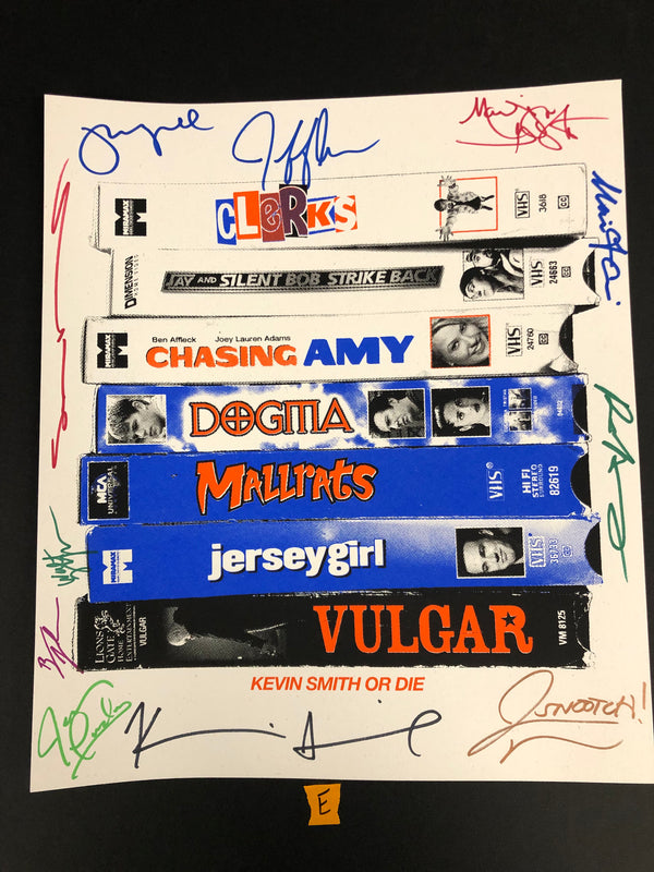 LEELOO EXCLUSIVE 'Kevin Smith Or Die' VHS stack screen print 12x14 (E) signed by 14:  Marilyn Ghigliotti, Jeff Anderson, Jason Lee, Walt Fanagan, Shannen Doherty, Bryan Johnson (see description for full list) CHRONIC CON 2024 PRE ORDER