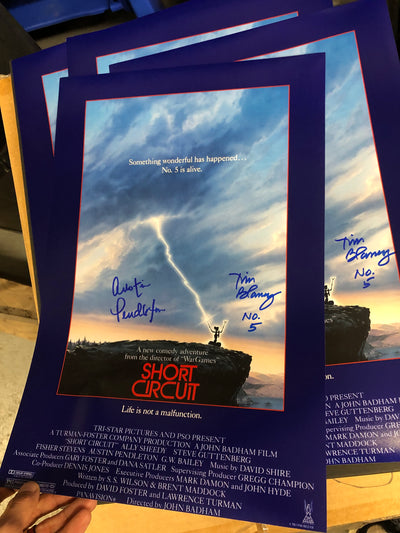 Short Circuit mini poster triple signed by Austin Pendleton, Tim Blaney & Steve Guttenberg