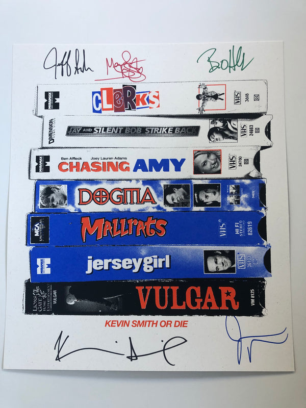 SIGNING EXCLUSIVE: VHS Stack Print Signed by 5: Jeff Anderson, Brian O'Halloran, Marilyn Ghigliotti, Jay Mewes and Kevin Smith
